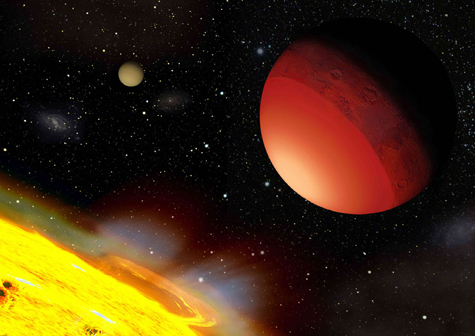 Scientists at Washington University have simulated the atmospheres of hot Earth-like planets, such as CoRoT-7b, shown here in an artist’s conception. CoRoT-7b orbits so close to its star that its starward side is an ocean of molten rock. By looking for atmospheres like those generated by the simulations, astronomers should be able to identify Earth-like exoplanets.